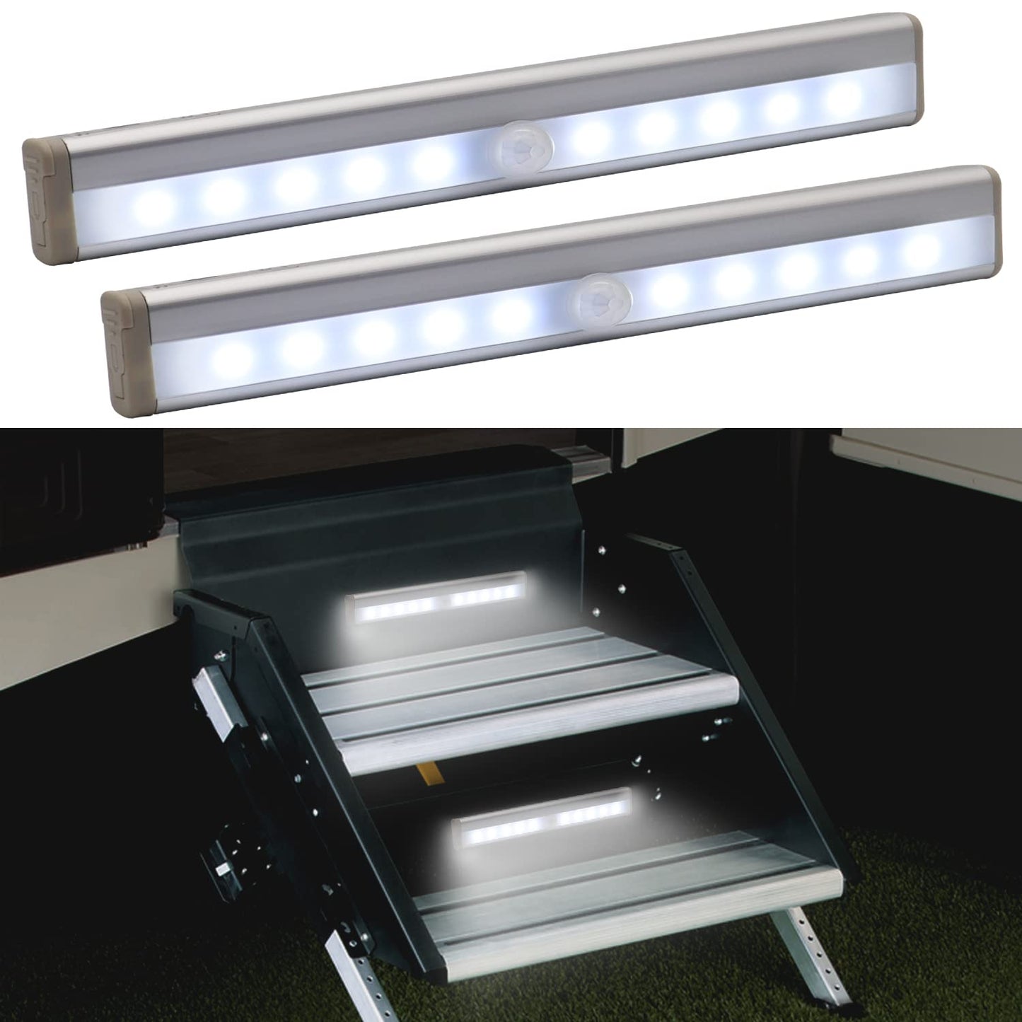 CCBASEBALL Motion Activated RV Step Lights, 10 LED Battery Operated Motorhome Motion Sensor led Light Strip, Magnetic Night Light Bar for Motorhome Travel,Travel Trailers, Camper (2 Pack)