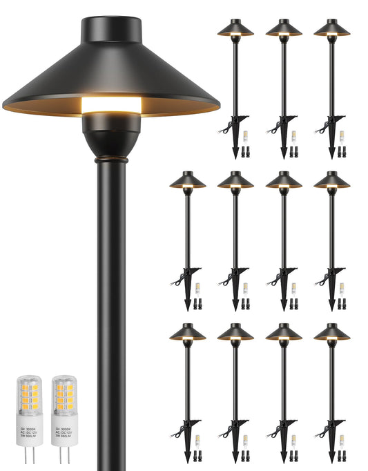 PARTPHONER Low Voltage Landscape Lighting 12-Pack, Aluminum 12V Pathway Lights with G4 Bulbs, Waterproof Stylish Matte Black Color Wired Path Lights with Connectors for Walkway Yard Garden