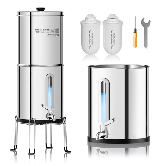 Purewell Upgraded 9-Stage Gravity Water Filter System with Water Level Window, 0.01μm Ultra-Filtration Countertop System with 2 Filters and Stand, Reduce Fluoride & Chlorine, BO-FL-2.25G