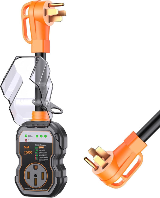 GEARGO RV Surge Protectors 50 Amp, 𝟐𝟎𝟐𝟔 𝐔𝐩𝐠𝐫𝐚𝐝𝐞𝐝 15000 Joules RV Circuit Analyzer, IP68 Surge Voltage Protection, RV Adapter Plug for Camper (Orange)