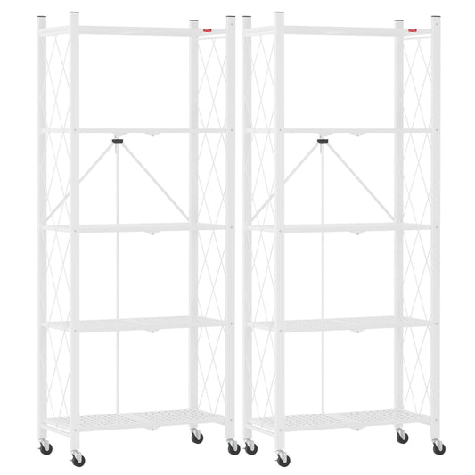 DEANIC 5-Shelf Folding Bookcase with Wheels, Heavy Duty Storage Shelves, Freestanding Metal Wire Shelving Unit for Living Room, Office, Kitchen, Basement, Pantry(White 2 Pack)