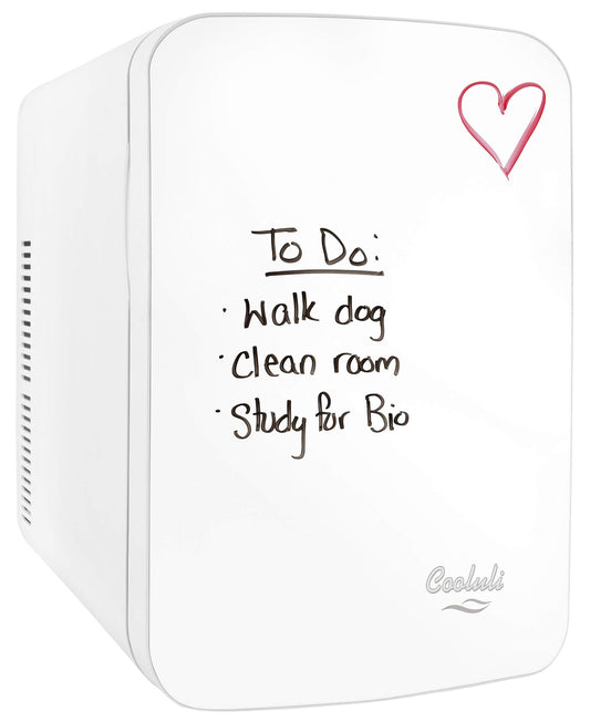 Cooluli Vibe Mini Fridge for Bedroom - With Cool Front Magnetic Whiteboard - 15L Portable Small Refrigerator for Travel, Car & Office Desk - Plug In Cooler & Warmer for Food, Drinks & Skincare (White)