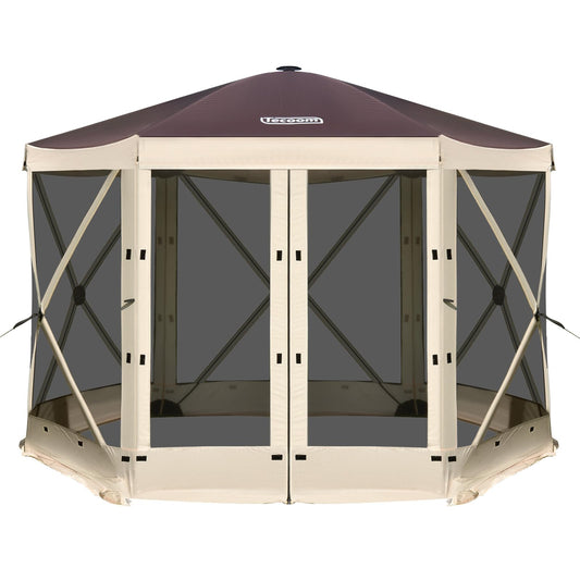 Tecoom 6-Sided Pop Up Gazebo Tent, Screen House with Mosquito Netting Canopy for Camping, 10x10ft Portable Sun Shelter Removable Siedwalls for Outdoor, Garden, Activities, Khaki