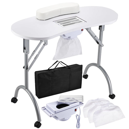 Faquenc Nail Desk with Nail Dust Collector,Portable Nail Table Rolling Manicure Table Nail Tech Travel Nail Station Professional Folding Nail Salon Table with Cacuum,Arm Rest,Lockable Wheels,Bag,White