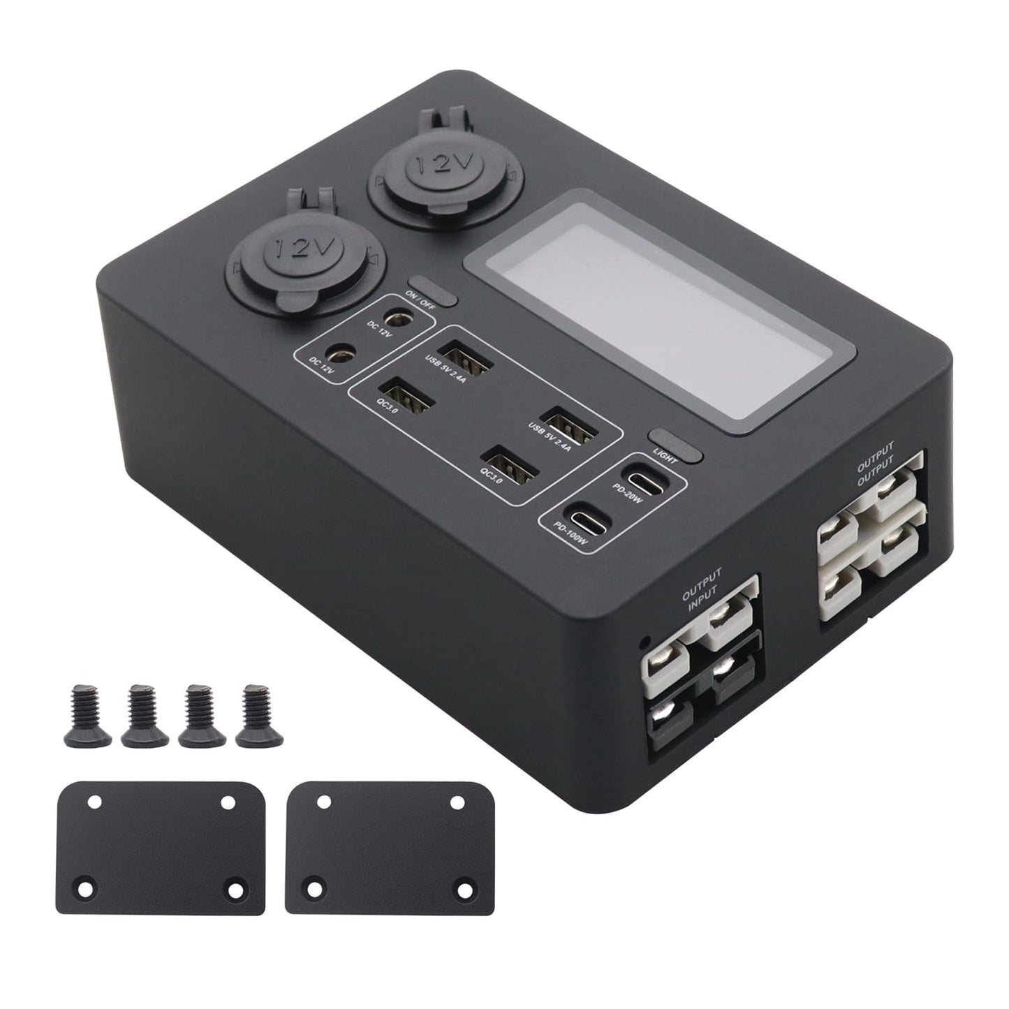 HUIOP Power Box,Mini Power Box, 12V 100W LCD Display Power Box with LED Lights, USB-C & QC3.0 Ports, Portable Control Hub for RVs, SUVs, Boats, Yachts, Cars