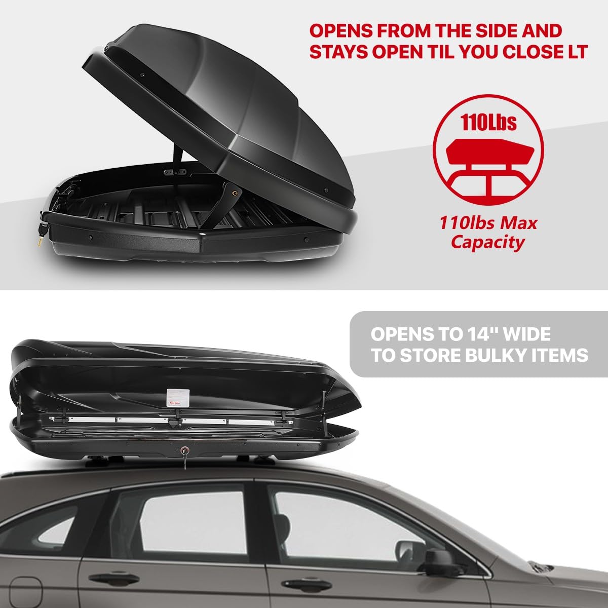 DNA Motoring Rooftop Cargo Lock Box Carrier Lockable Heavy Duty Car Top Storage Case, Capacity 110 Lbs, 72" x 30" x 12" (L x W x H), 13 Cubic Ft.(Glossy Black), PT-ZTL-8326-GSBK