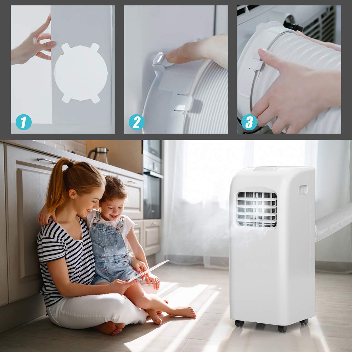 COSTWAY Ashrae 8000 BTU Portable Air Conditioner with Remote Control, Energy Efficient for Rooms Up to 400 Sq. Ft, Cooling, Dehumidifying, Fanning, Sleeping Mode, Time Settings, Clear LED Display