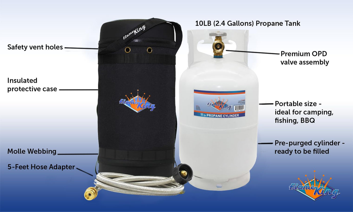 Flame King Gas Hauler Pro Kit - Insulated Protective Carry Case, 10LB Propane Tank and 5-FT Adapter Hose for Camping and Outdoor Adventures