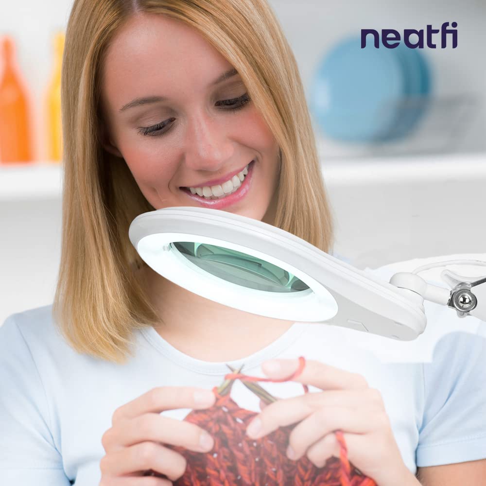 Neatfi LED Bifocal Magnifying Lamp 1,200 Lumens – 5” Glass Lens, Dual Magnification 3X/6X, Dimmable Task Light | Adjustable Arm with Clamp | Crafting, Jewelry & Reading (8 Diopter + 20 Diopter, White)