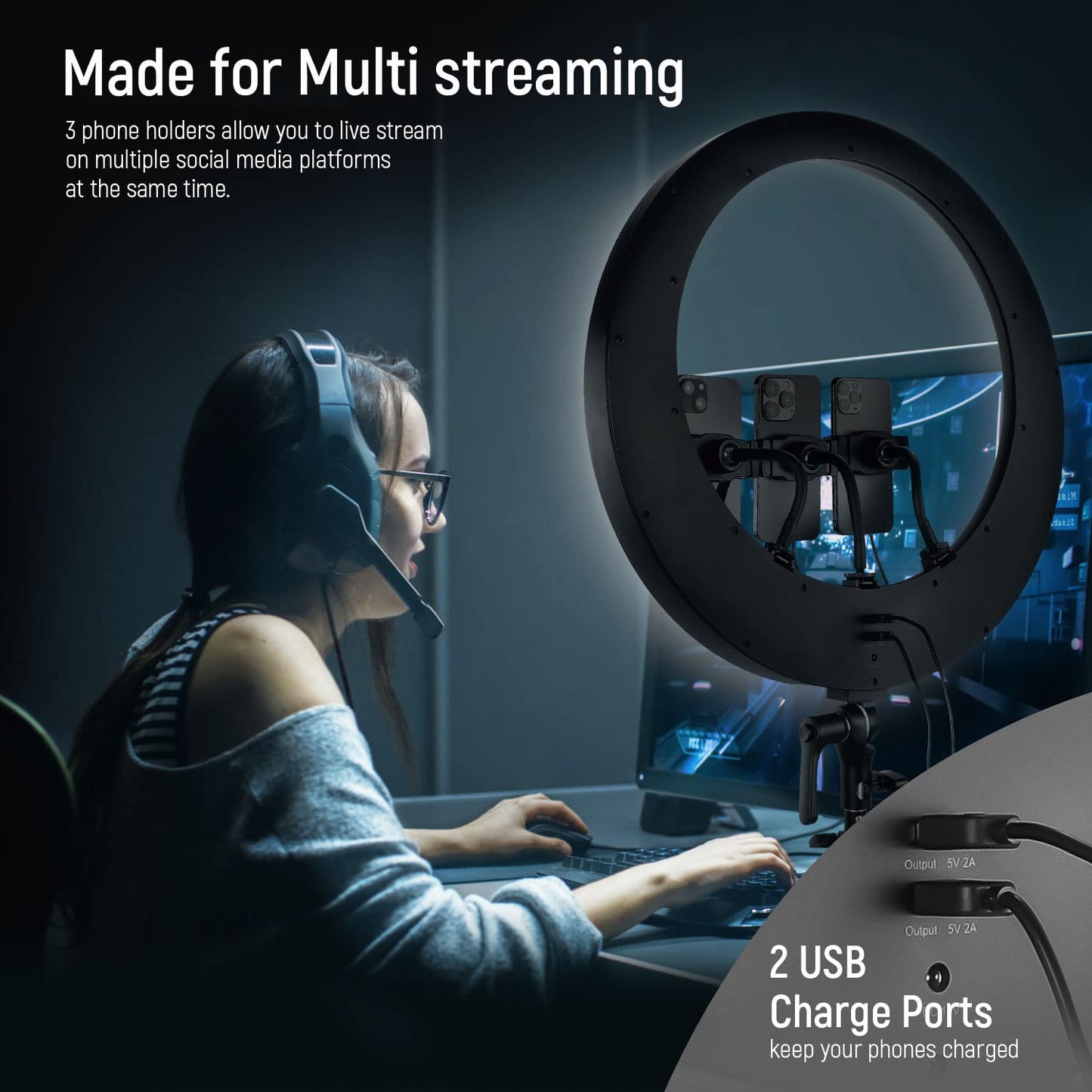 NEEWER Ring Light RP19H 19 Inch with Tripod Stand 3 Phone Holders Compatible with iPhone, Upgraded 2.4G Touch Control Ringlight for Video Recording Streaming Home Office Zoom Selfie Makeup Lighting