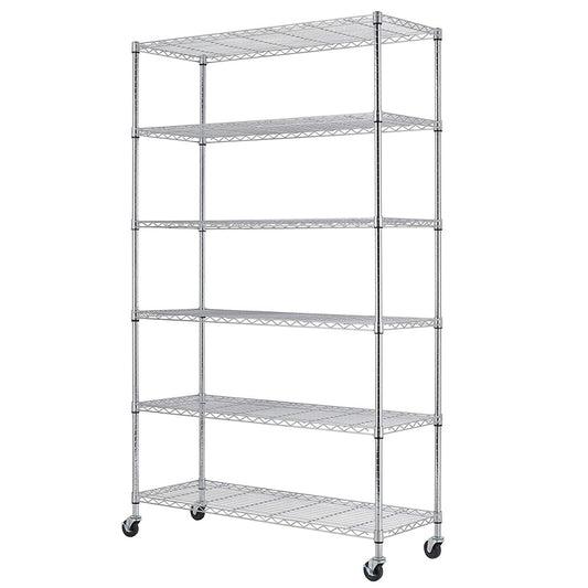 BestOffice | 6-Tier Wire Storage Shelves with Wheels | 18x45x82 | Chrome | Adjustable Racks | Heavy-Duty Metal Shelf, Holds Upto 2100 lbs | No-Tool Assembly | Ideal for Home & Garage Shelving
