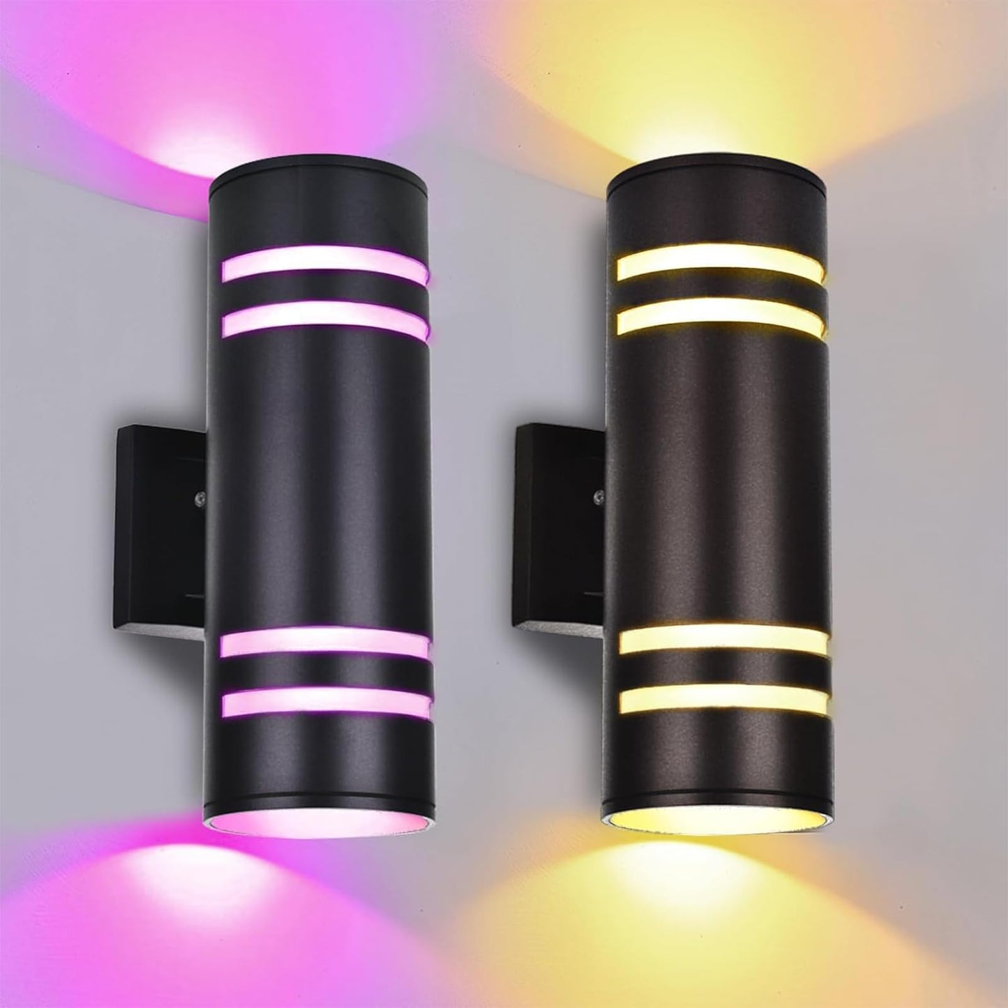 iYogaled Smart RGB Outdoor Wall Lights, 2 Pack Front Porch Light Fixtures, Cylinder Up and Down Lights Outdoor Wall Sconce, Exterior Lighting Fixture Compatible with Google Assistant Alexa