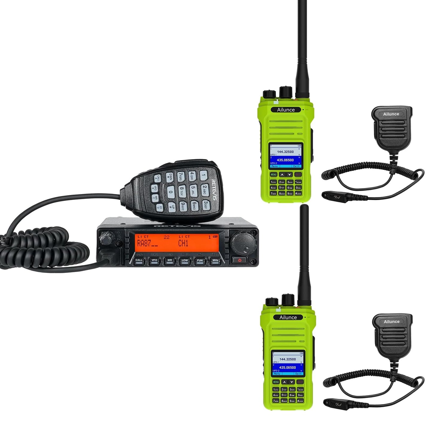 Retevis RA87 GMRS Mobile Radio, Base Station(1 Pack) with HA1G GMRS Radio Green(2 Pack), Speaker Microphone(2 Pack), 8 Repeater Channels, Dual Watch, Long Range Two Way Radio for Overlanding