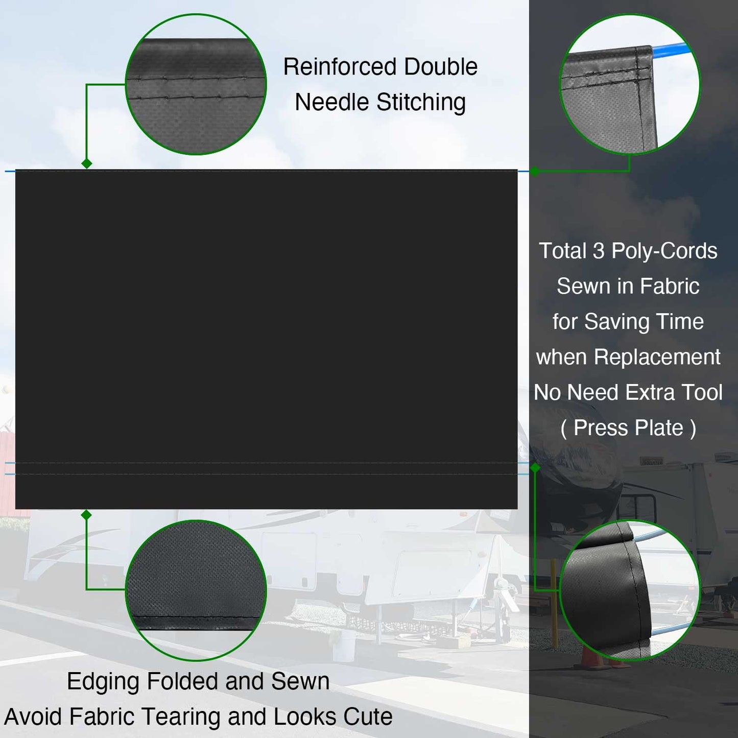 Leaveshade RV Awning Fabric Replacement Camper Trailer Awning Fabric Super Heavy Vinyl Coated Polyester 11'3''(Fit for 12' Awning)-Solid Black
