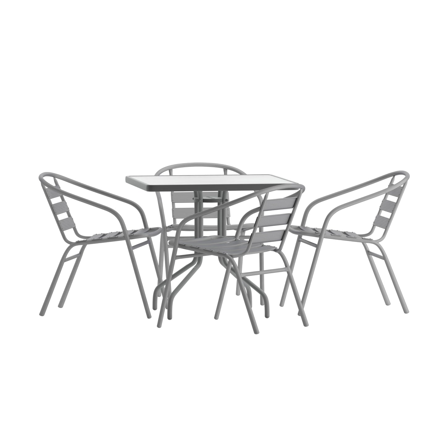 Flash Furniture TLH-0732SQ-017CSV4-GG Lila 31.5'' Square Glass Table with 4 Metal Aluminum Slat Stack Chairs, Silver