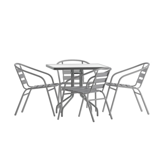 Flash Furniture TLH-0732SQ-017CSV4-GG Lila 31.5'' Square Glass Table with 4 Metal Aluminum Slat Stack Chairs, Silver