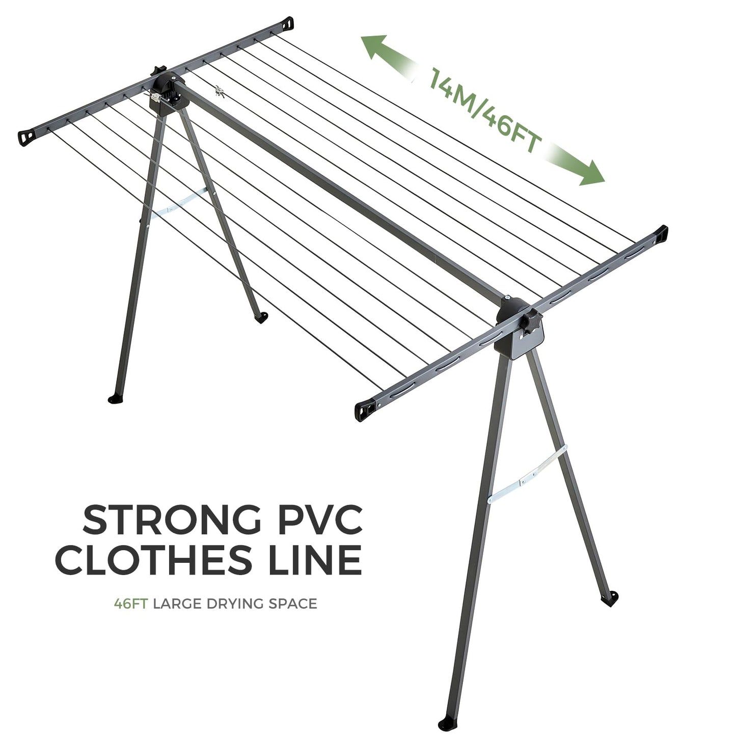 CROS Outdoor Portable Folding Clothesline, 46FT Heavy Duty Stainless Steel Drying Rack, A-Frame Freestanding Clothes Drying Stand with Ground Stakes