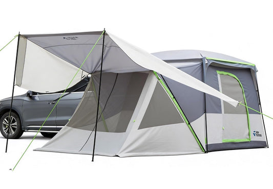 JOYTUTUS SUV Tent with 2 Rooms, Rainfly & Awning for Family Camping, 60% More Space Car Tent for 5-9 Person, Dual-Use for SUV or Ground Camping Tent with Screen Porch, Double Door,Mesh Roof