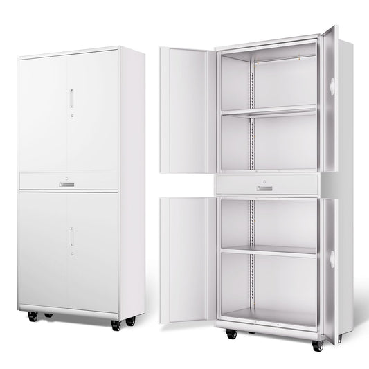 DNA Motoring 73'' Metal Storage Cabinet, Rolling Garage Cabinet with 1 Drawer and Adjustable Shelves, Lockable Heavy Duty Metal Locker for Garage,Office,Home,White, TOOLS-00630-WH-WH-A