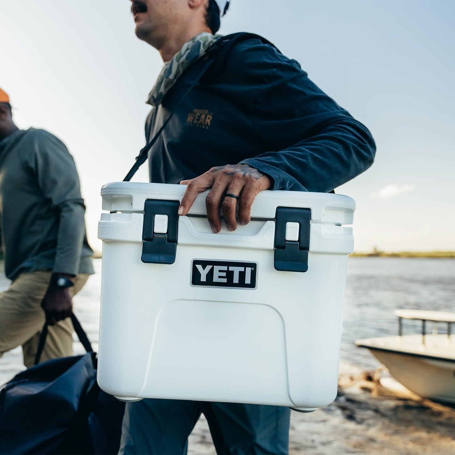 YETI Roadie 15 Hard Cooler with DoubleDuty Shoulder Strap, White/Blue