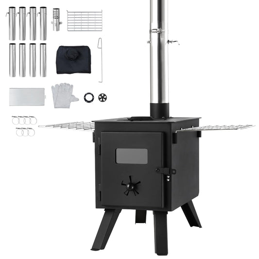 VEVOR Camping Wood Stove Alloy Steel Camping Tent Stove, Portable Wood Burning Stove with Chimney Pipes & Gloves, 1400in³Firebox Hot Tent Stove for Outdoor Cooking and Heating with 8 Pipes