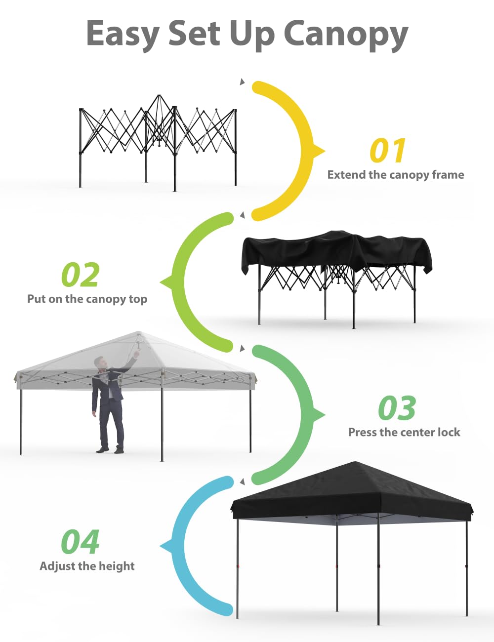 10x10 Pop Up Canopy with Removable 4 Sidewalls - Easy Up Camping Tent with One Button Push Setup - 1 Roller Bag, 3 Adjustable Height, 4 Weight Bags for Deck, Garden, Sports, Beach, Party - Black