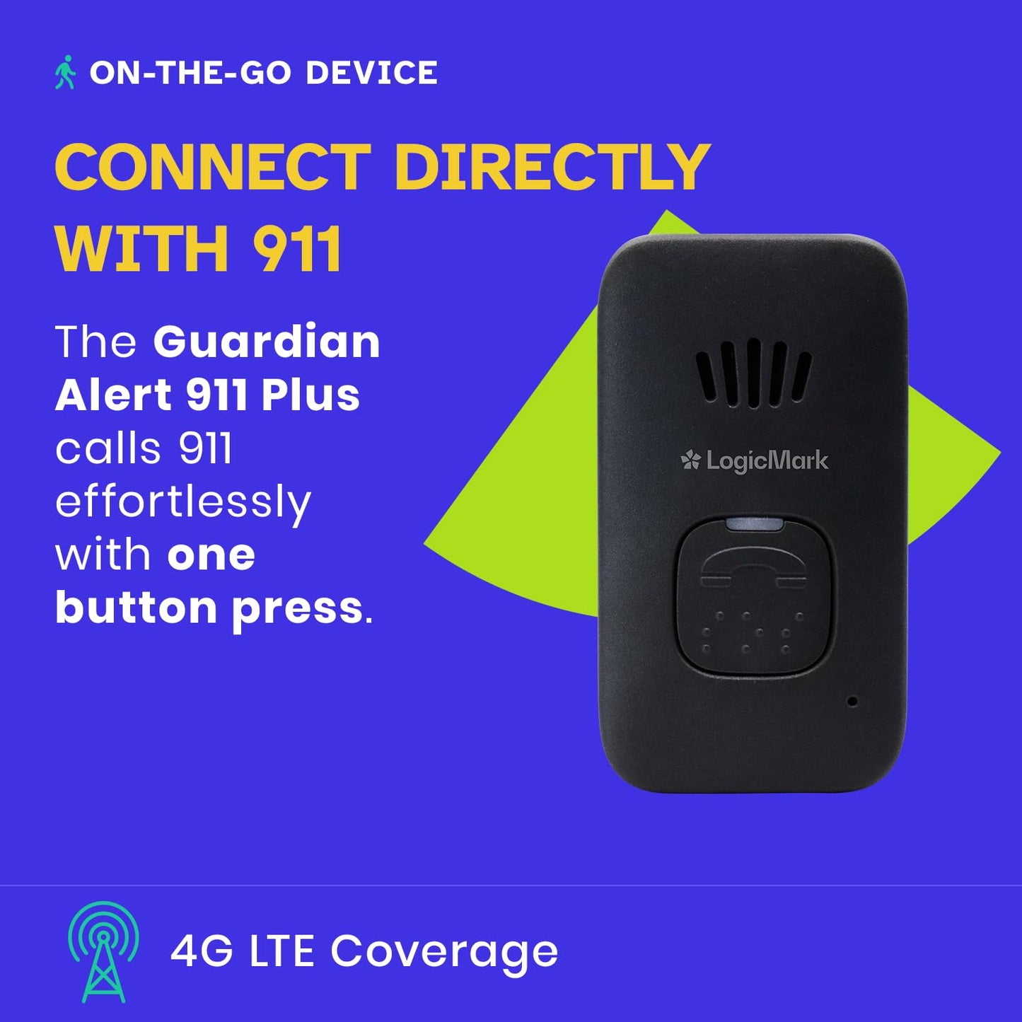 LogicMark Guardian Alert 911 Plus – No Monthly Fees, 2-Way Emergency Pendant for Seniors, with Fall Detection, Water Resistant, Direct 911 Connection Without a Landline