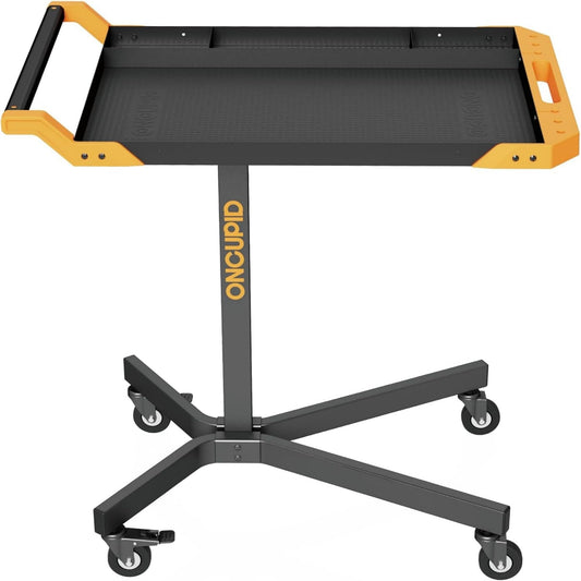Oncupid Mobile Work Table, 8-Adjustable Height Workbench with Drills Storage – Heavy Duty Metal Mechanic Work Table with Locking Wheels for Garage, Workshop, Bike Repair (Orange & Black)