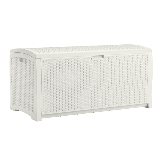 Suncast 99 Gallon Wicker Horizontal Outdoor Deck Box with Hinged Lid, Water-Resistant Storage Solution for Patio, Deck, Yard, and Garage, White, Made in the USA