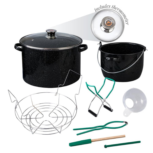 Granite Ware 21.5 Qt Heavy Gauge - 9 Piece water bath canning pot (Speckled Black) with canning toolset, rack and preserving kettle.