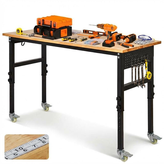 60" x 24" Heavy Duty Workbench with ETL Power Outlet, 8-Level Height Adjustment (29.5"-39.4"), Rubberwood Top with 2000 Lbs Capacity, for Garage/Workshop/Home Office, Metal Casters & Pegboard