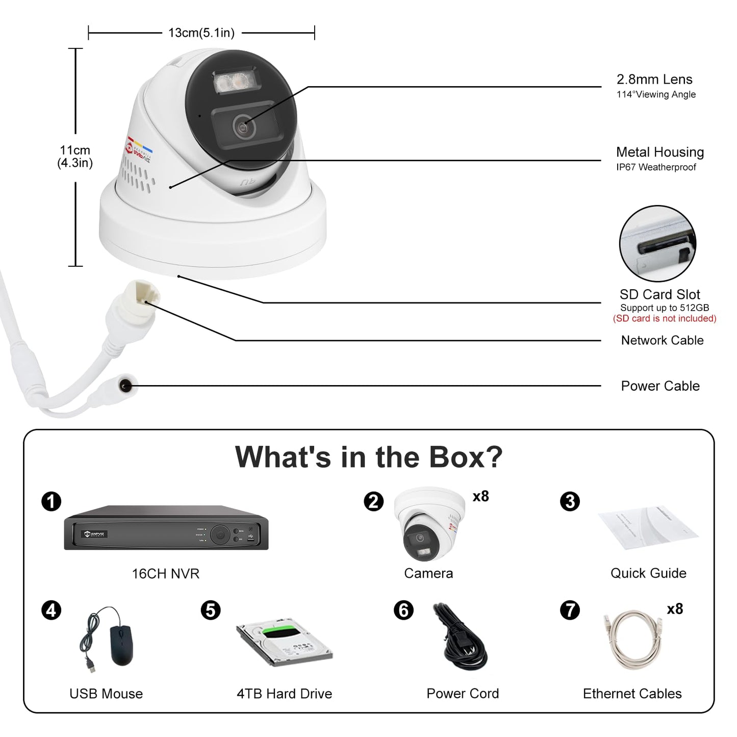 《Strobe Sound Light Alarm & 2-Way Audio》Anpviz 16CH 4K PoE Security Camera System, 8X 8MP Wired IP Turret Cameras Outdoor Metal, 12MP NVR with 4TB HDD, True Plug & Play for Business Home(H Series)