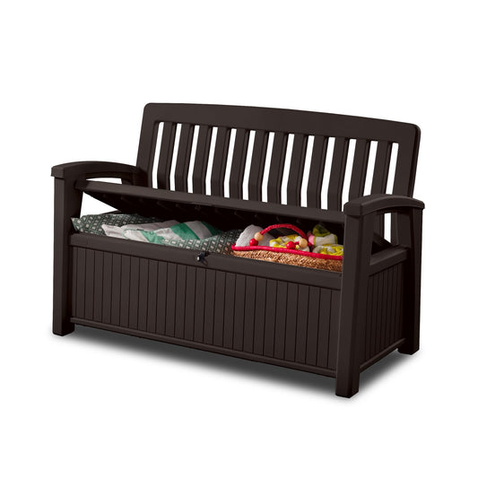 Keter 60 Gallon Storage Bench Deck Box for Patio Furniture, Front Porch Decor and Outdoor Seating – Perfect to Store Garden Tools