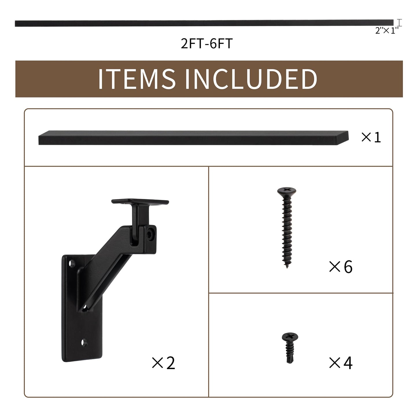 6FT Matte Black Handrails Kit for Indoor Outdoor Stairs，Modern Aluminum Handrail Set,2" X1" Grab bar,Adjustable 304 Stainless Steel Brackets Included，Rust Free
