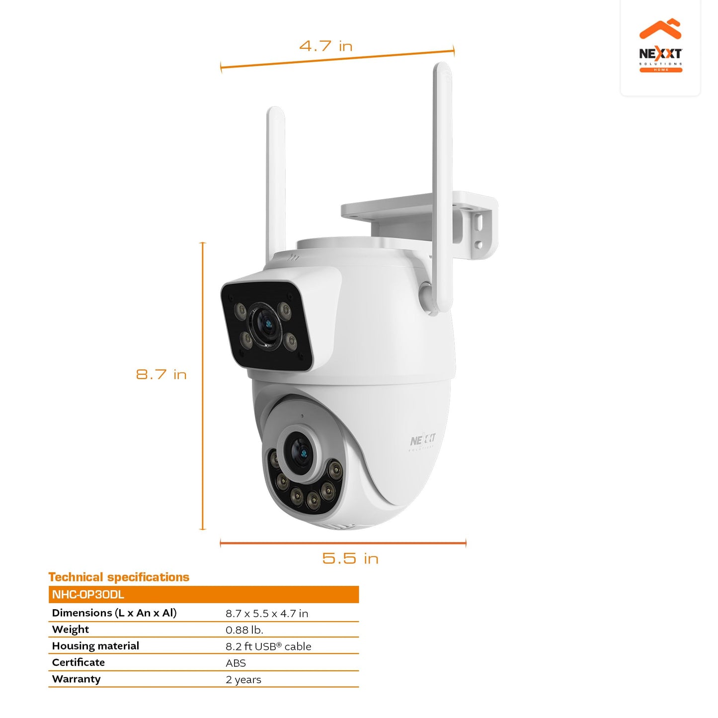 Nexxt Solutions Smart Dual Lens PTZ Wi-Fi Outdoor Security Camera | 2K Dual View Surveillance with Human Detection, Night Vision | Two-Way Audio, 80dB Siren, IP65 Weatherproof, microSD Storage