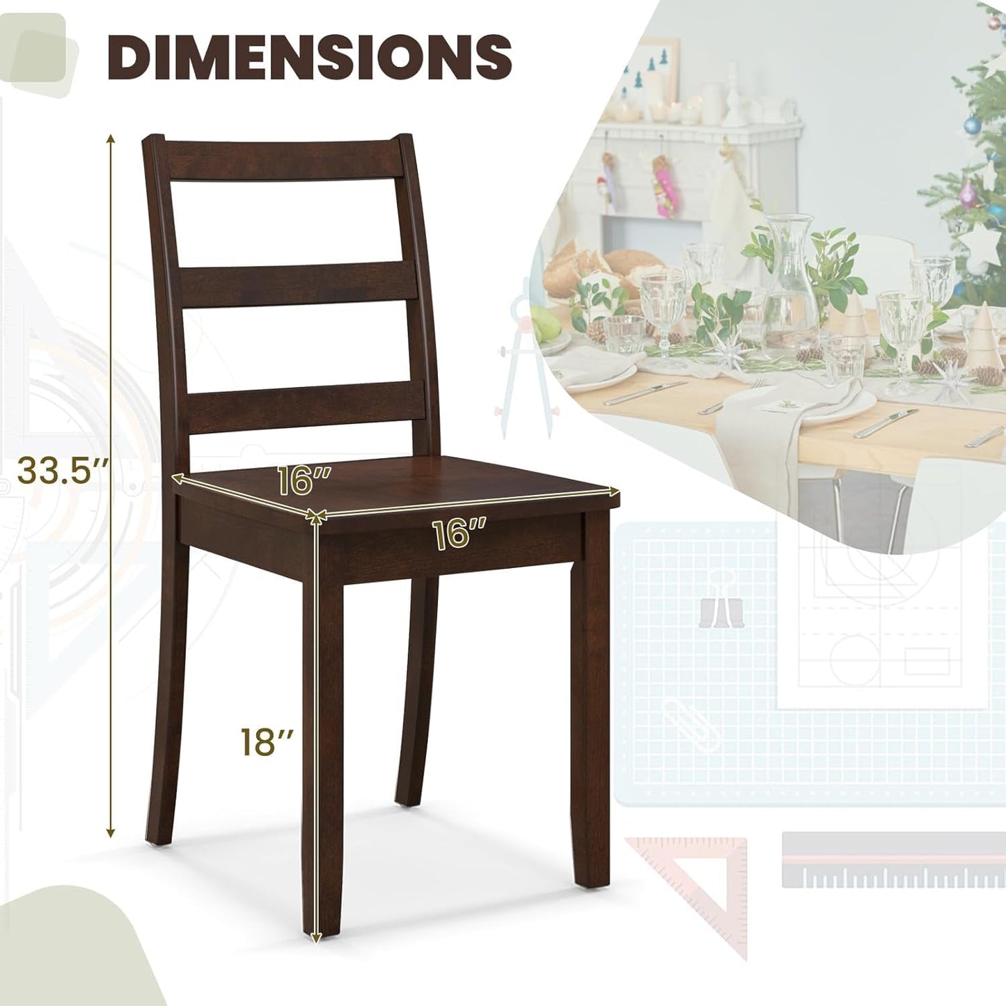 NAFORT Walnut Wood Dining Chairs Set of 4, Armless Kitchen Chairs with Solid Rubber Wood Legs, Non-Slip Foot Pads, Max Load 400 Lbs, Farmhouse Seat High Ladder Back Dining Room Chairs