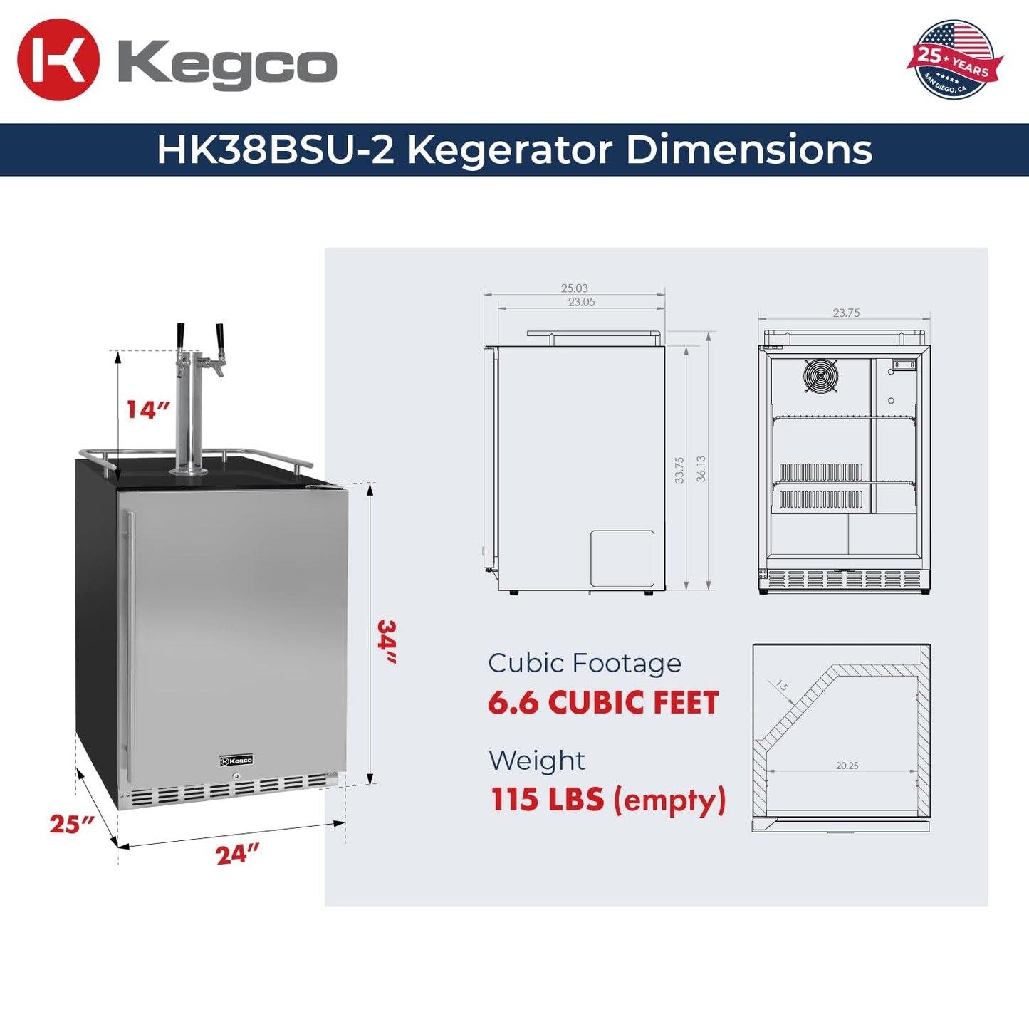 Kegco Kegerator 24" Wide Dual Tap Black/Stainless Steel Undercounter Beer Dispenser HK38BSU-2