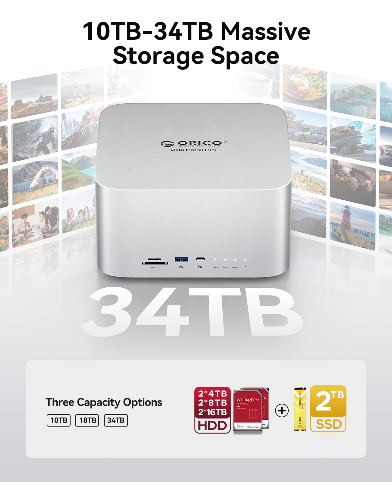 ORICO DataMatrix Mini 10TB Externsion Storage, 2TB SSD with 8TB External Hard Drive, 10Gbps USB-C&USB A Docking Station Compatible with Thunderbolt 3/4/5, SD/TF/CF Card Reader, for MacBook
