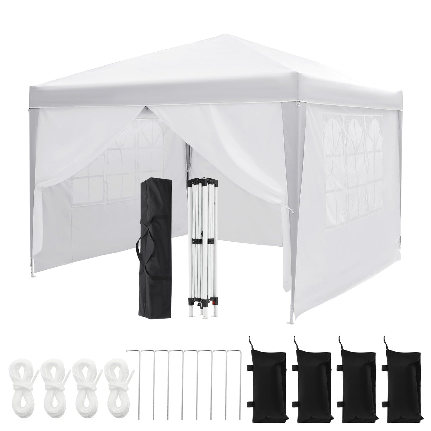 White 10x10 Pop-Up Canopy Tent with 4 Sidewalls – Portable Instant Shelter, Waterproof Outdoor Gazebo for Camping, Parties, Backyard & Beach Activities