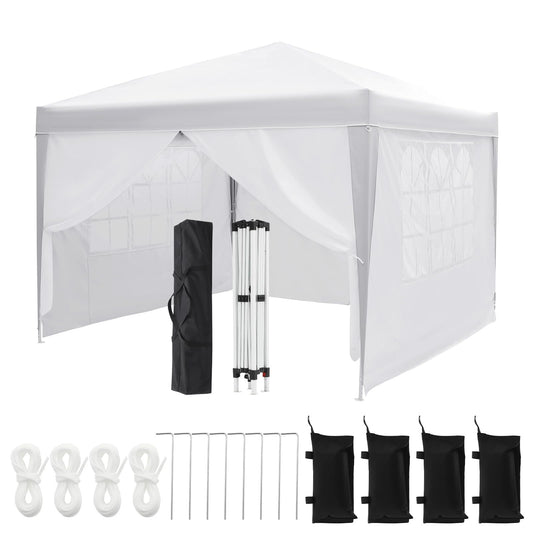 White 10x10 Pop-Up Canopy Tent with 4 Sidewalls – Portable Instant Shelter, Waterproof Outdoor Gazebo for Camping, Parties, Backyard & Beach Activities