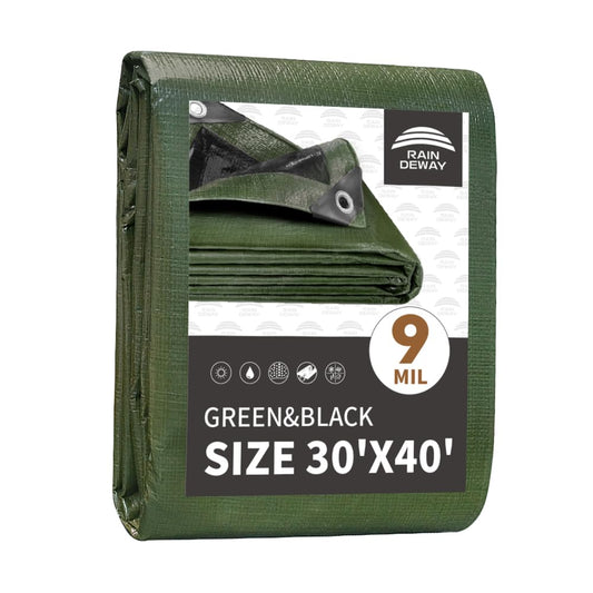 RAINDEWAY Tarps 30x40 Feet,Large Tarp Waterproof,9Mil Thick Finished Size, Multipurpose Poly Tarp Cover with Metal Grommets and Reinforced Edges,Green/Black Tarpaulin