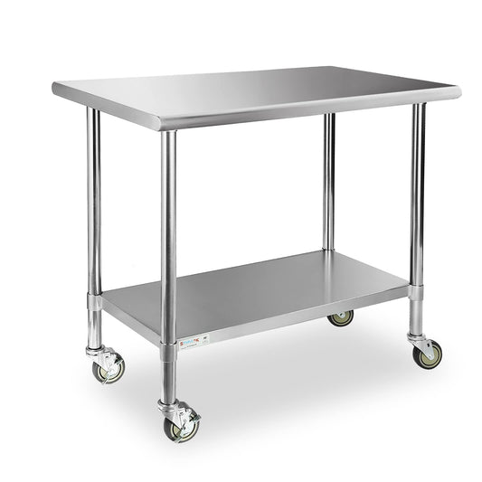 STABLEINK NSF Stainless Steel Table with Wheels 36x24 Inches 3ft, Metal Prep & Work Table with Adjustable Undershelf, for Commercial Kitchen, Restaurant, Laundry, Hotel and Garage
