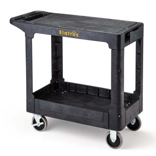 ELAFROS Heavy Duty Plastic Utility Cart Flat top 37 x 18.8 Inch - Work Cart Flat Shelves and 2 Fixed 2 Swivel Wheels Safely Holds up to 550 lbs - 2 Tier Service Cart for Warehouse,Garage, Black