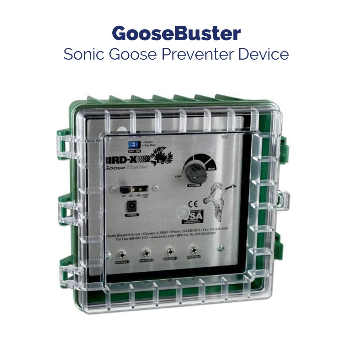 Bird-X GooseBuster, Sonic Goose Decoy Device with 4 Speakers, Uses Naturally-Recorded Sounds, Easy to Install, Covers up to 7 Acres, 500–1500 Hz Frequency