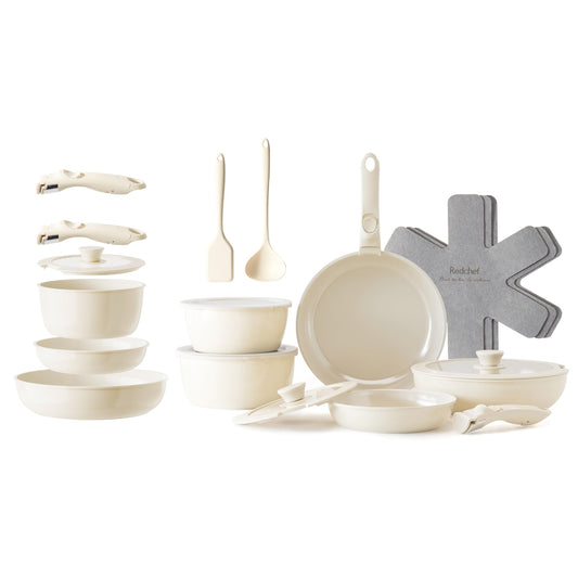 RedChef Ceramic Pots and Pans Set, Nonstick Kitchen Cookware with Detachable Handle, 22pcs, PFAS, PFOA & PTFE Free, RV Ceramic Cookware for Camping, Dishwasher & Oven Safe