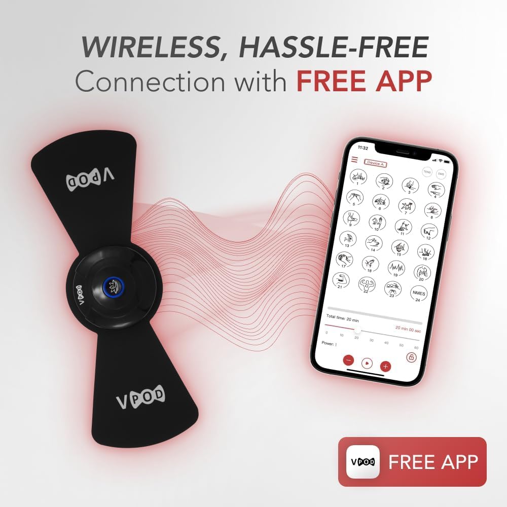 VPOD Deluxe Wireless TENS Unit Muscle Stimulator with Smartphone App Control - Bluetooth Enabled for Pain Relief Therapy - Rechargeable Portable Device for Back and Neck Pain