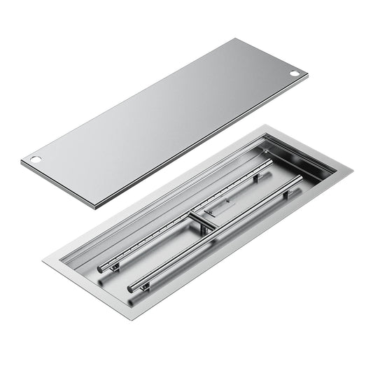 Skyflame Rectangular Stainless Steel Drop-in Fire Pit Pan and Burner with Burner Cover, 24 by 8 Inch Burning Area