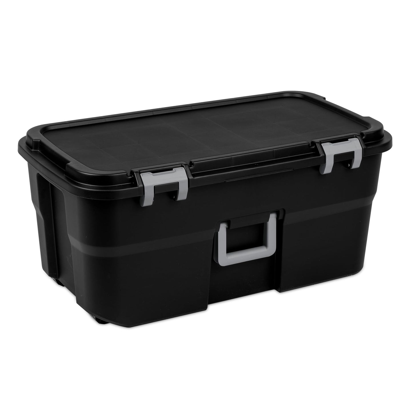 Sterilite 4 Pack Wheeled Footlocker, 22 Gallon Plastic Storage Container with Latching Lid and Handles, Black - Large Stackable Bin Home Organizer