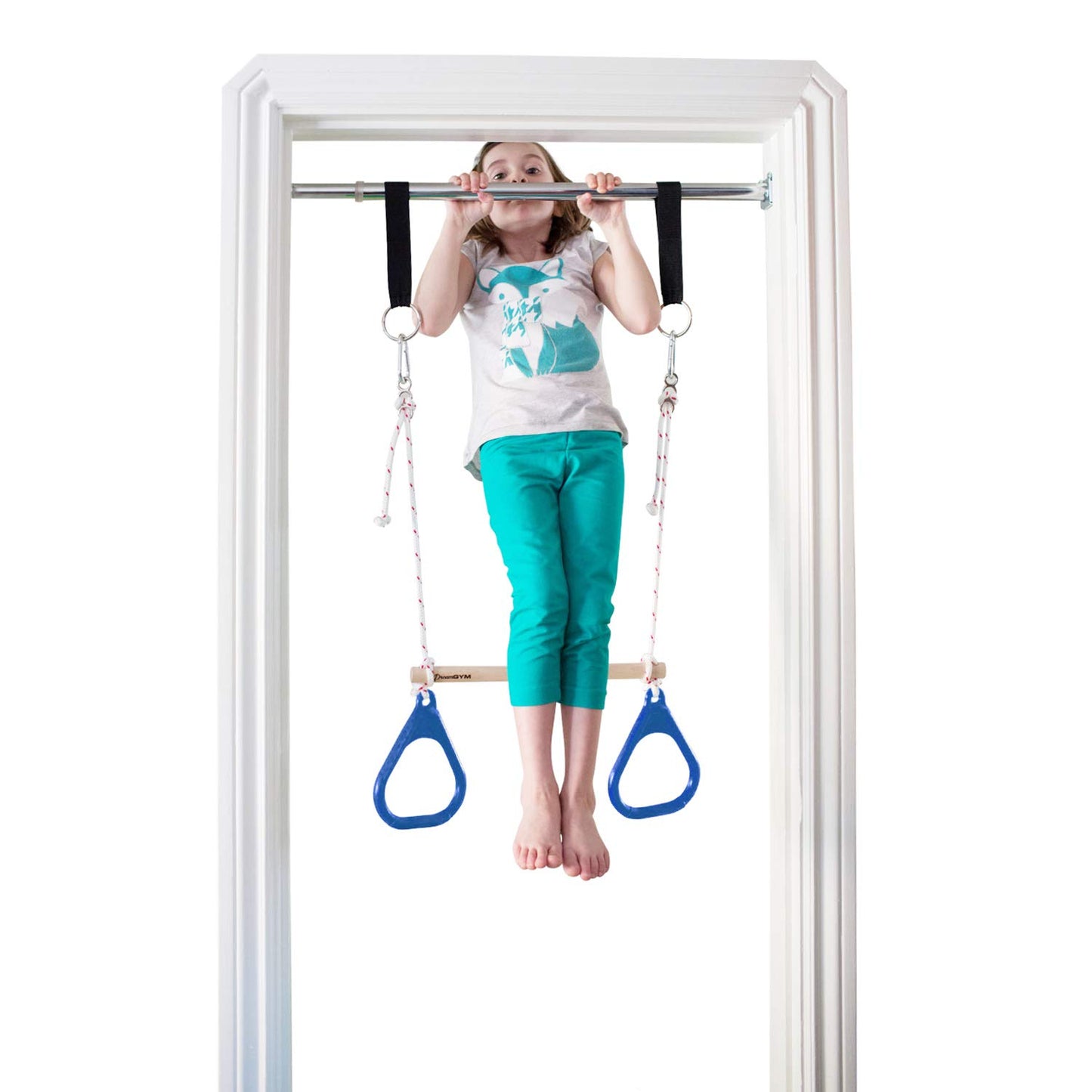 DreamGYM Doorway Swing for Kids Indoor - Trapeze Bar and Blue Gymnastic Rings Combo