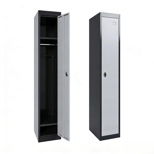 Narrow Metal Locker, 72 Inch Metals Broom Storage Cabinet with Shelves, Lockable Cabinets Doors & Keys Tall Brooms Suitable for School, Office, Home, Staff and Students Storage(Black & Grey)